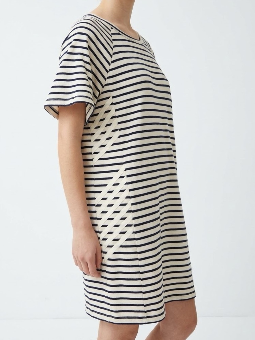 MADS NORGAARD Knit Short Sleeve Black & Cream Striped Cotton Midi Dress